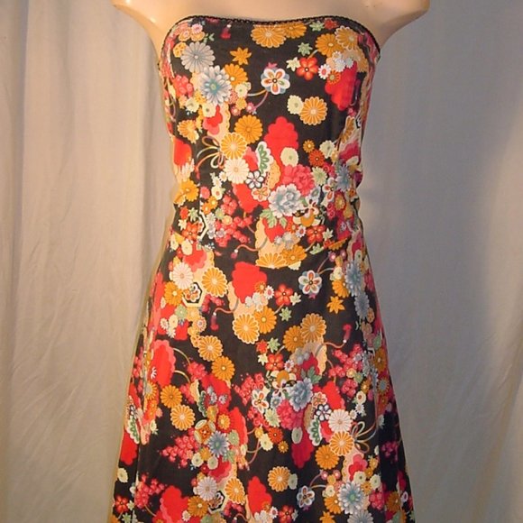 Label Removed Dresses & Skirts - Asian Floral Strapless Dress Stretch Cotton Net Crinoline 10